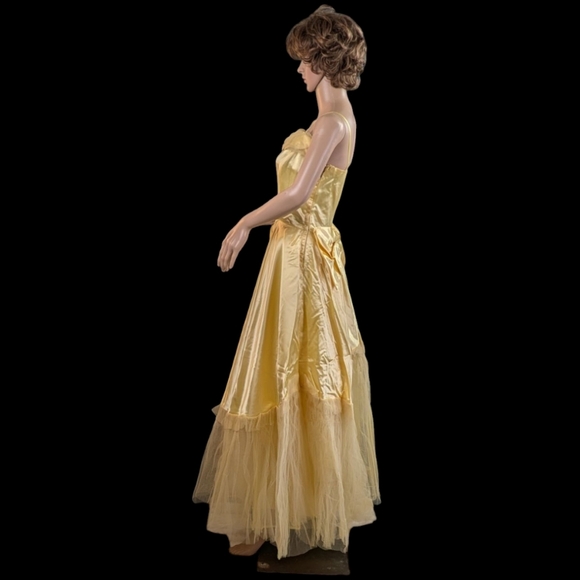Vintage 1940s Yellow Satin Prom Dress, Very Disney Princess-y! For Kitty Rescue! - Picture 3 of 15